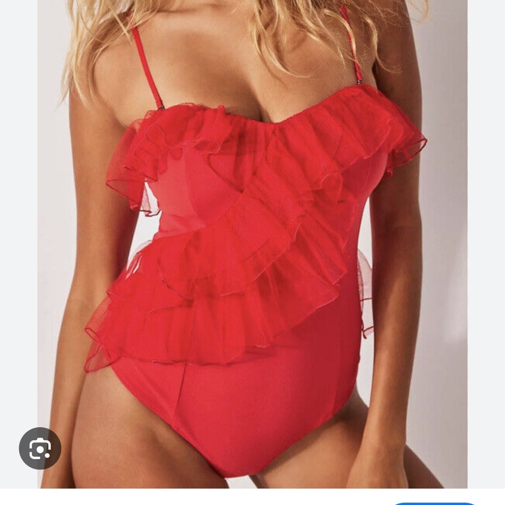 Free People Red Ruffle “Strike a pose” bodysuit